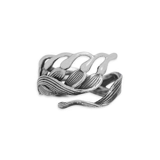 A silver-toned open wrap ring featuring a textured, kelp-like design with ribbed details, shown on a plain white background.