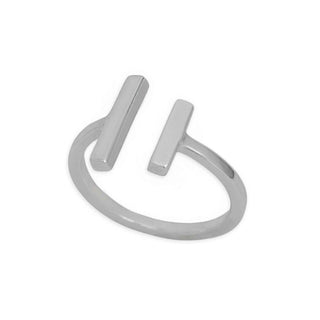 A minimalist silver-toned ring featuring two parallel rectangular bar elements connected by a curved band, shown on a plain white background.