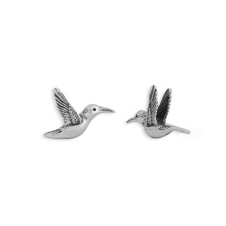 A pair of silver hummingbird earrings, displayed against a clean white background.