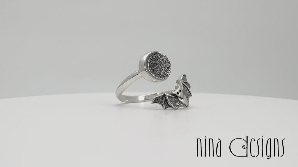 Sterling Silver Adjustable Bat and Moon Ring